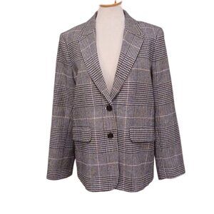 J Crew Wool Blend Pink Accented Houndstooth Plaid Boyfriend Blazer- Sz. 16